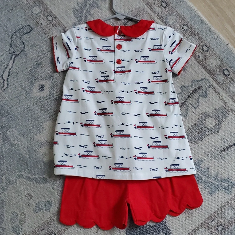 NWT Ishtex Girls Coastal Nautical Boat Matching Set Outfit Red White Blue Sz4/4T